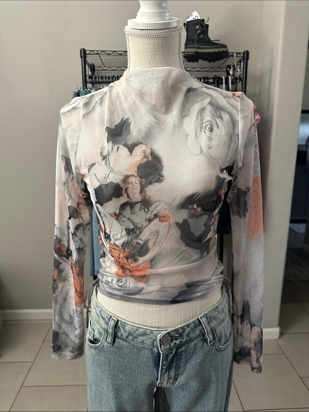 NWT Sheer Floral Long-Sleeve Mesh Top - White & Peach